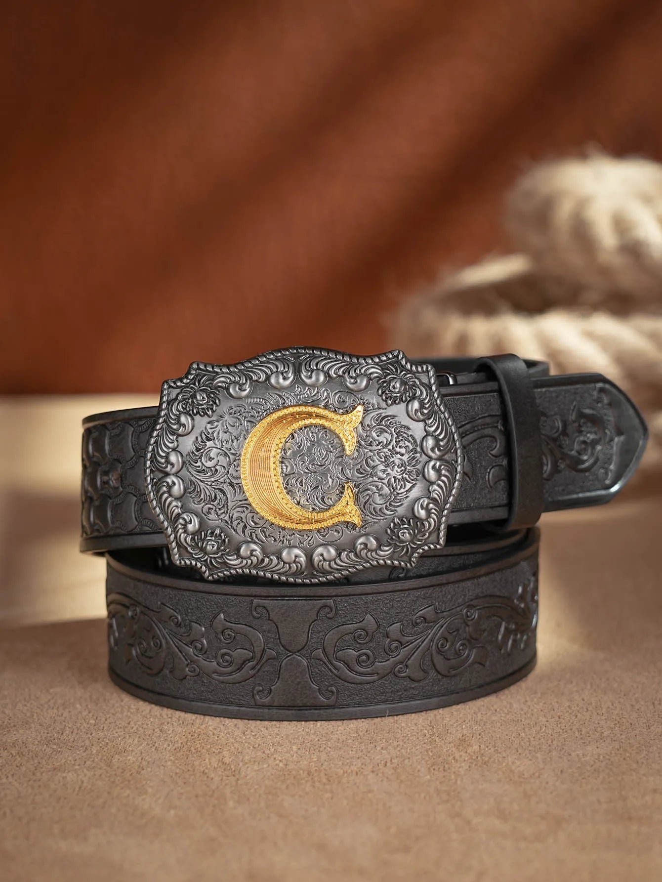 Western Cowboy PU Leather Belt  Waist Strap Bull Decoration Floral Engraved for Jeans