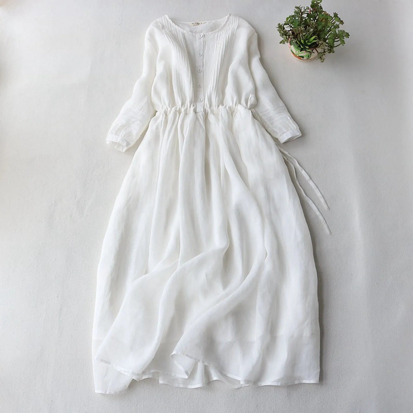 Summer Women's Loose Linen Long Dress Elegant Vintage Elastic Tunic Waist Casual Baggy Dress Female Sundress