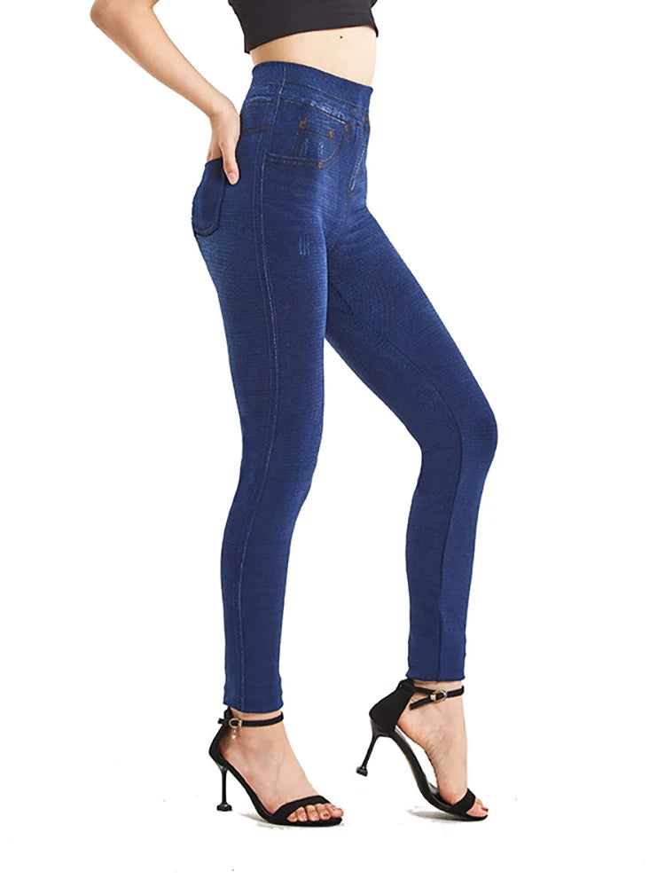 Stretchy Solid Color Plus Size Jeggings Fashion False Jeans Women's Tight Seamless Pocket Leggings Soft Pencil Pants