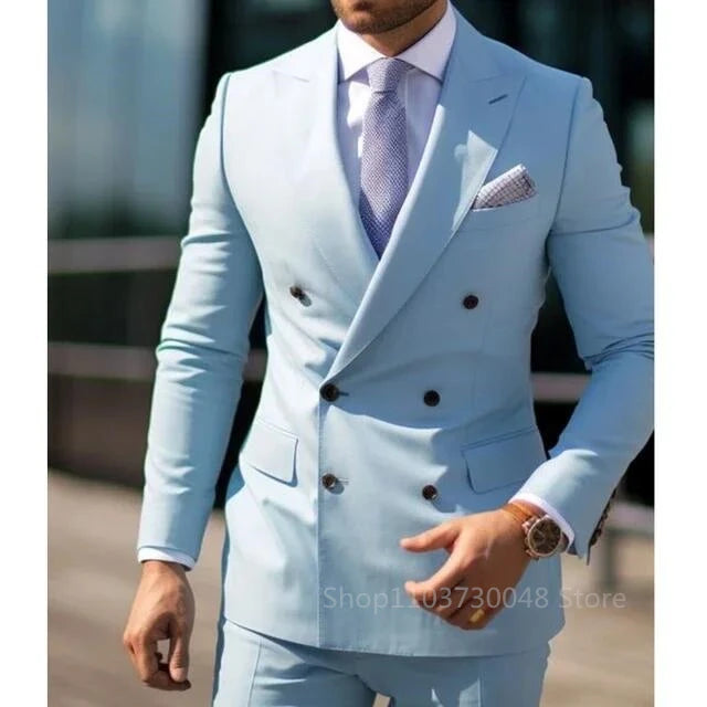 Solid 2 Pieces Men Suits Set Fashion Men's Formal Business/Wedding Groom Suits Peak Lapel Double Breasted Blazer Trousers