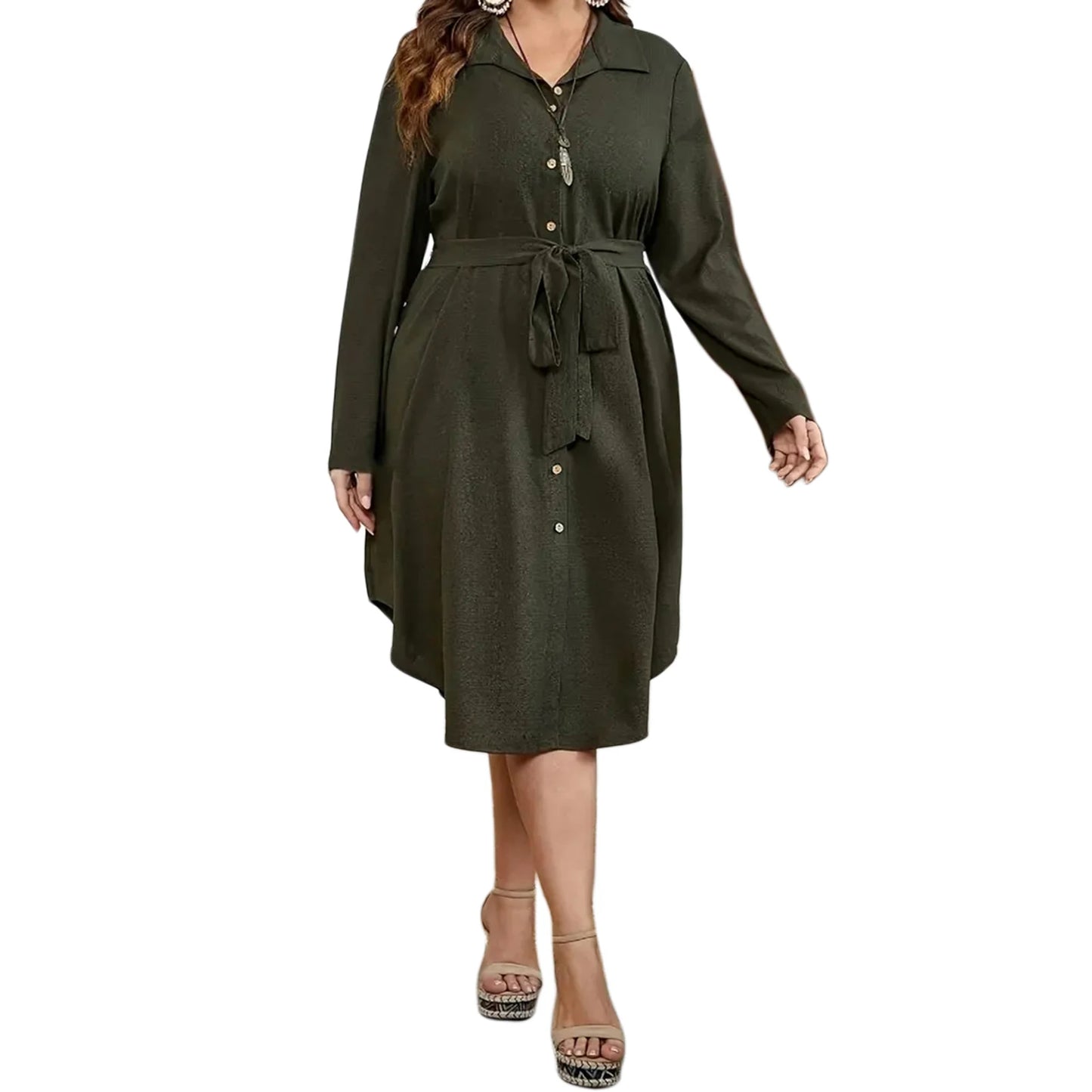 Women Plus Size Dress  V-Neck Long sleeve Midi Dress Summer Boho Beach Party Dress with Pockets and Tie Belt