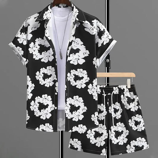 Fun 3D Flower Pattern Men's Hawaiian Shirt Sets Summer Short Sleeve Tops Beach Shorts 2 Piece Casual Vacation Outfit Clothing