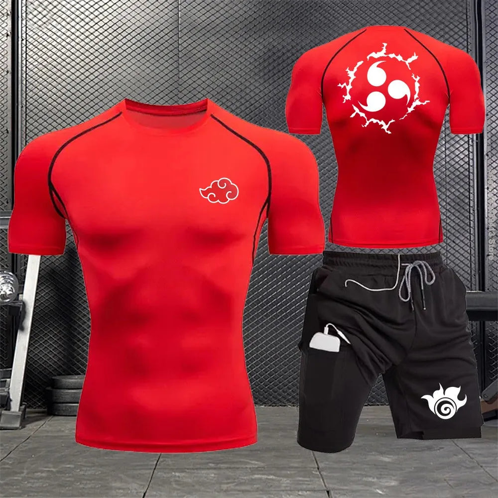 Jogging Breathable Compression Sportswear Summer Men's Training Two-piece Tight T-shirt Fitness Shorts Gym Workout Set S-3xl