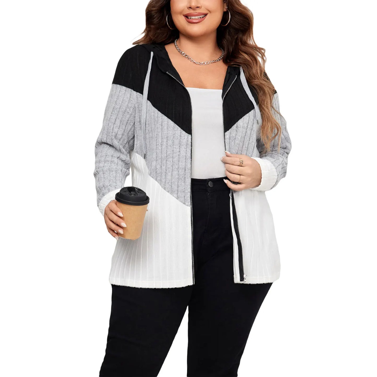 Women s Plus Size Hooded Cardigan Sweater with Zipper Closure and Ribbed Detailing for a Casual and Cozy Look