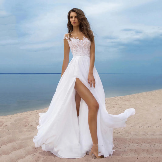 Women's Elegant Lace Backless Maxi Evening Dress Solid Color V Neck High Waist Wedding Party Sexy Bridesmaids White Dresses