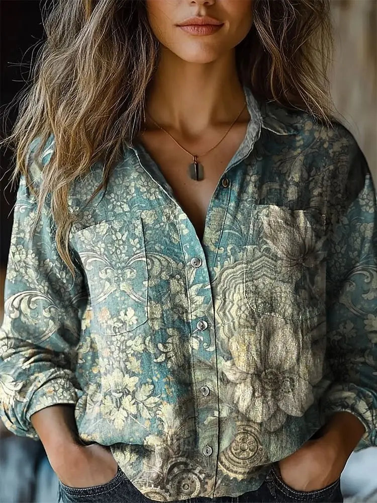 European Style  Women Long Sleeve Basic Shirts New Casual Beach Tops Blouse Ladies Bohemian Flower Print shirt