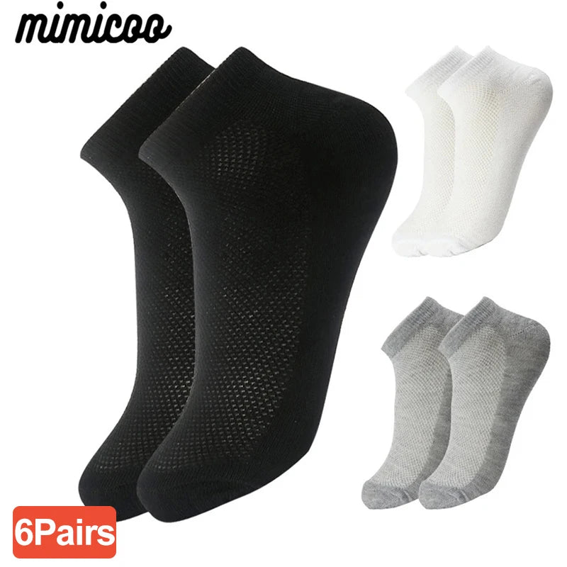 6 Pairs Breathable Men's Socks Short Ankle Elastic Solid Color Mesh High Quality Cotton Business Unisex Sokken Plus Size EU38-47