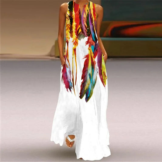 6 Patterns to choose from Sleeveless Exaggerated Large Print Dress Women Casual Vest Maxi Dresses Summer Bohemian Seaside Dress