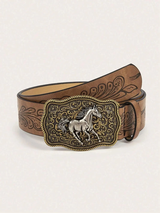 Women's Western Cowgirl Antique Gold Buckle Printed Belt, Suitable For Daily Use