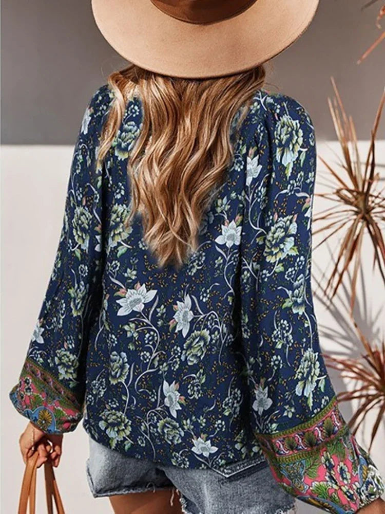 Vintage Lantern Sleeve  Bohemian Print Blouse