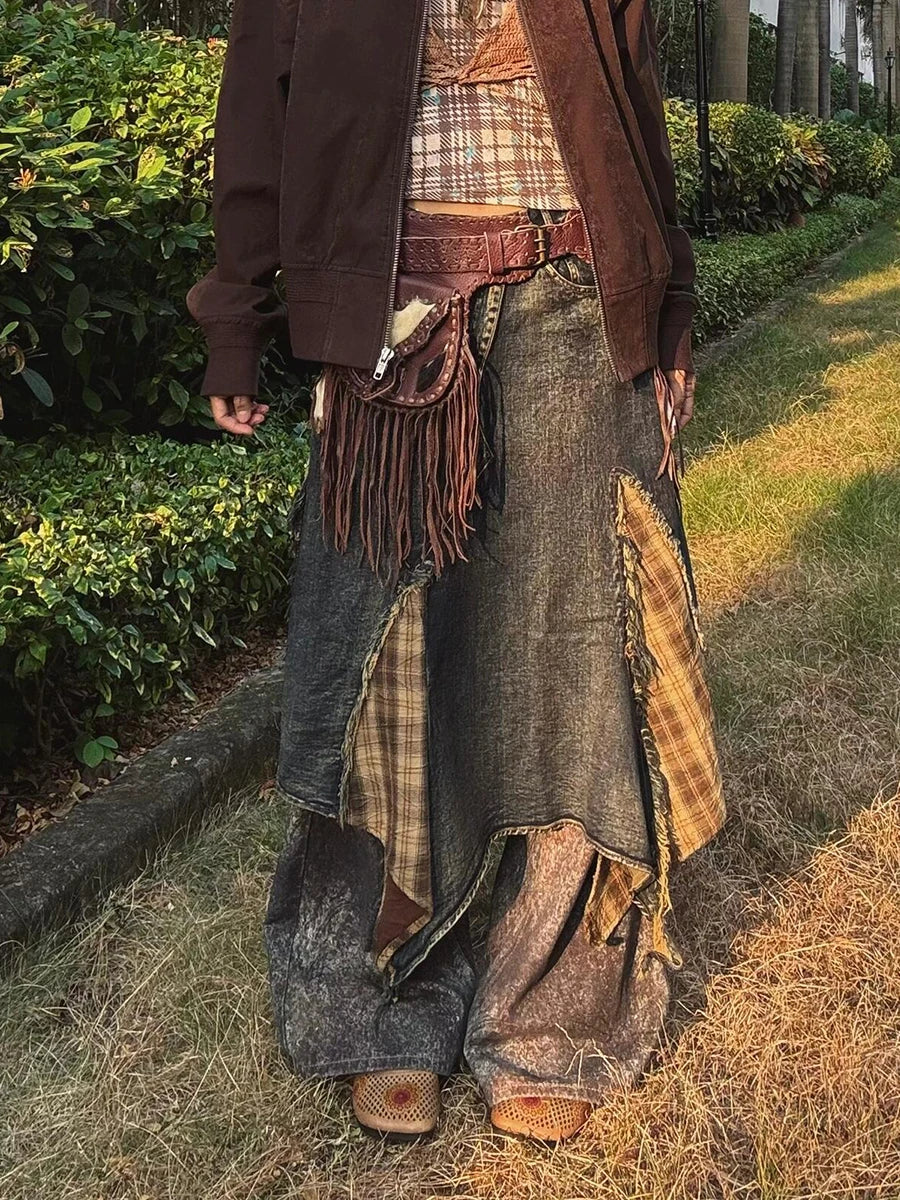 Denim Blue Ombre Asymmetrical Skirt  Retro Tartan Plaid Stitch Maxi Long Overlay