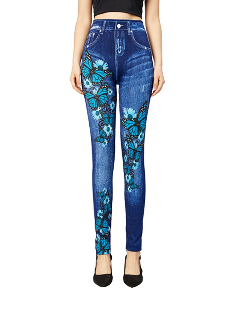 Leggings High Waist Elastic Butterfly Printed Pencil Pants Faux Denim Leggings