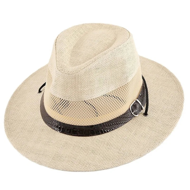 Stylish Unisex Straw Fedora Hat with Hollow Out Design and Black Belt Detail for Summer Beach Vacation or Outdoor Activities