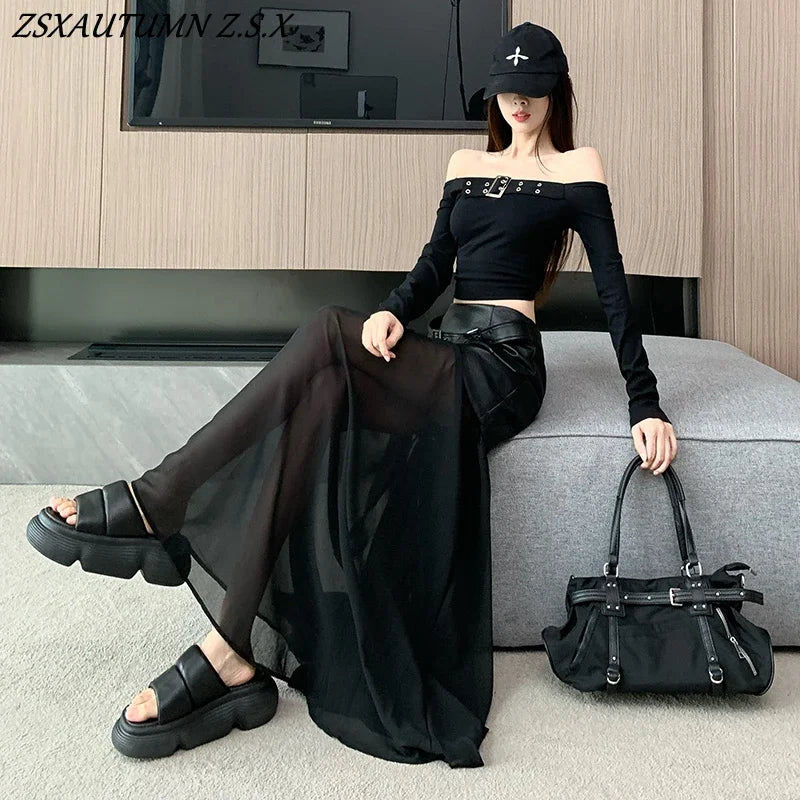 Black Leather Skirt Mesh Stitching Leather