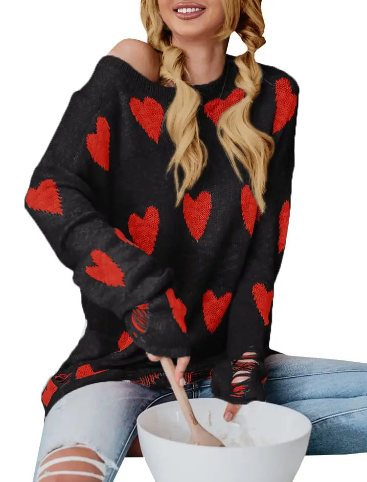 Women's  Heart Print Knitted Sweaters Soft Oversized Off The Shoulder Loose Knitted Valentine Pullover