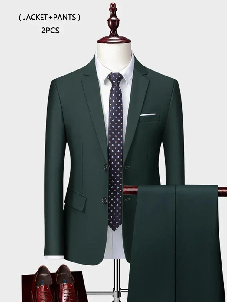 ( Jacket +Vest+ Pants ) Luxury Men's High-end Brand Solid Color Business Office Suit 3Pcs & 2Pcs Groom Wedding Party Suit Tuxedo