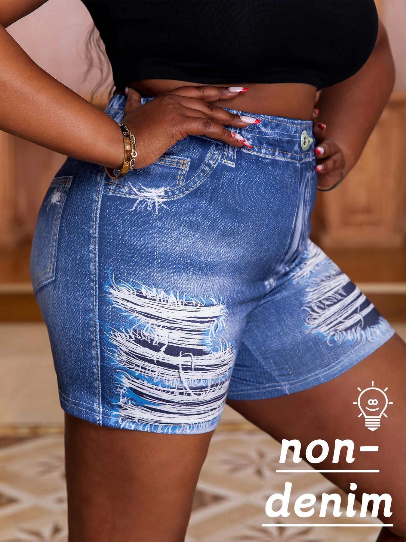 Plus Size Women's Denim-Look Printed Shorts Trendy Ripped Effect Comfortable Tight Fit Casual Chic Summer