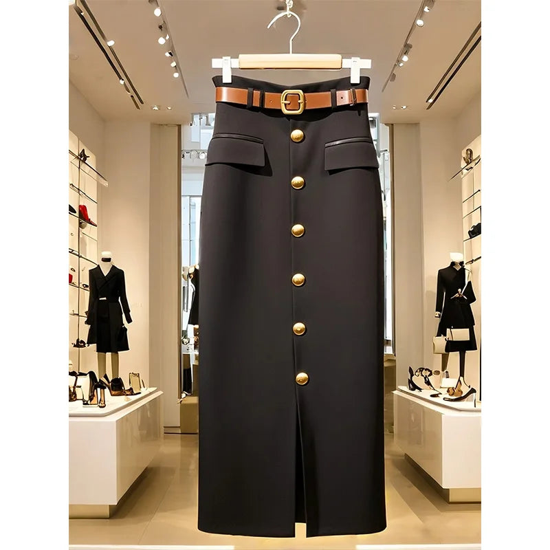 Office  All-match Buttons Skirt  High Waist A-line