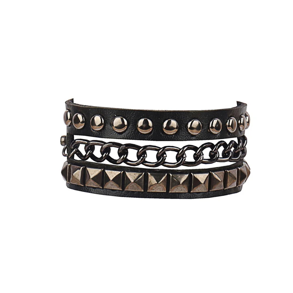 Punk Hip Hop Rock PU Leather Bracelet Unisex Trendy Chain Skull Pentagram Rivet Bracelet