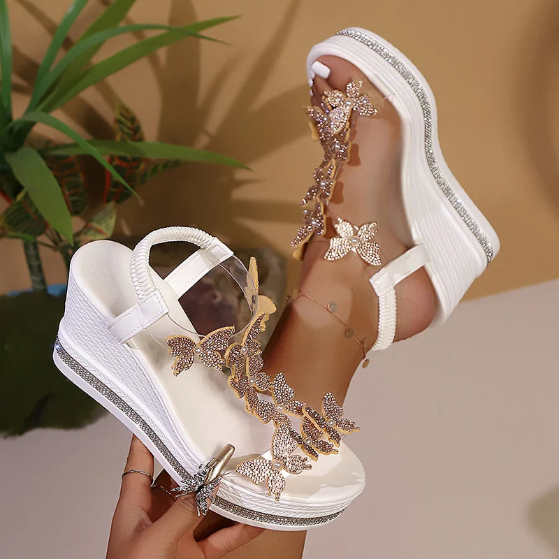 Rhinestone Butterfly Decor Chunky Platform Sandals Women Fashion Slip On Wedges Sandals Woman Lightweight Elastic Band Sandals