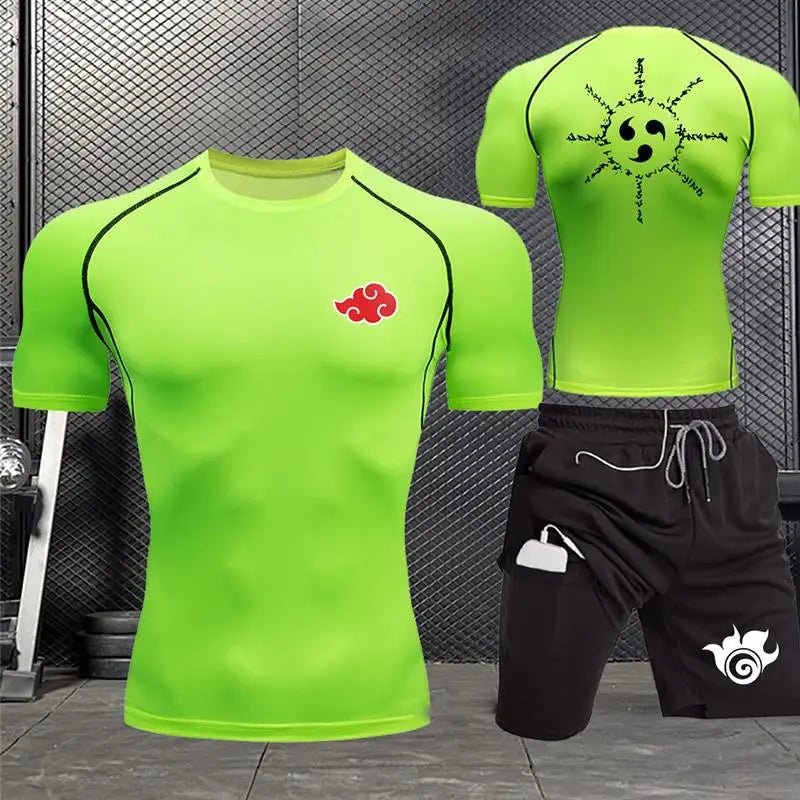 Jogging Breathable Compression Sportswear Summer Men's Training Two-piece Tight T-shirt Fitness Shorts Gym Workout Set S-3xl