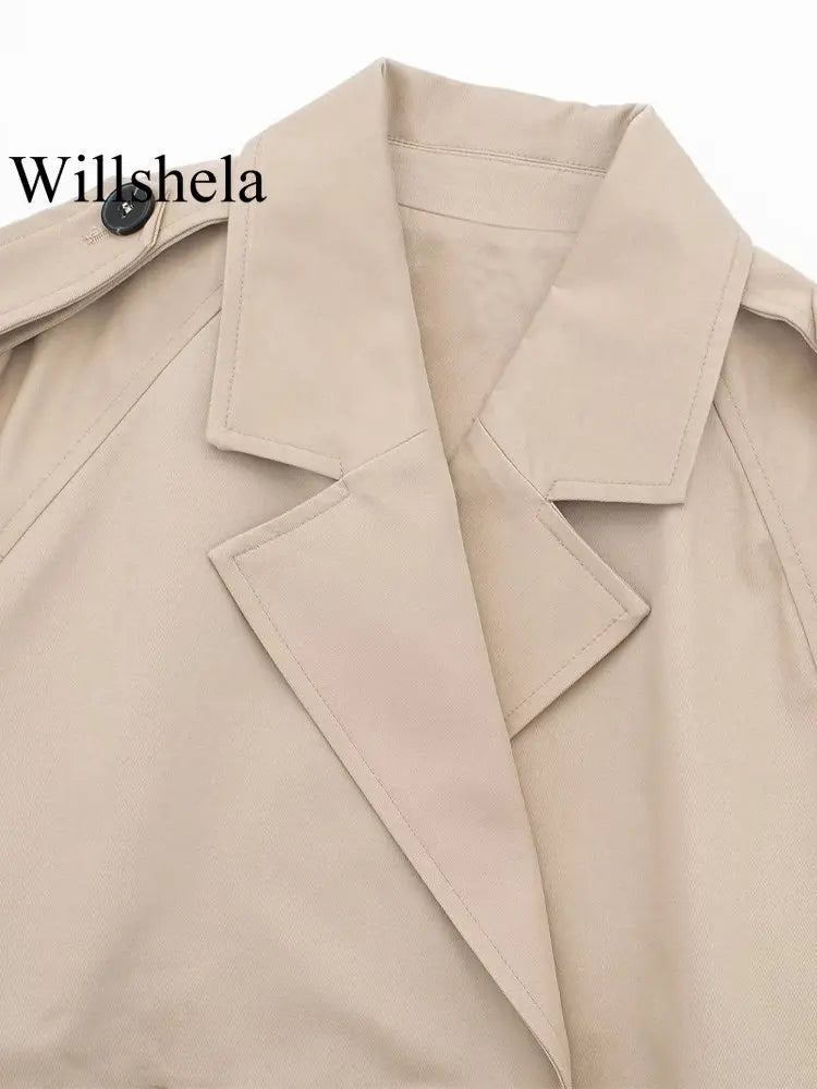 Women Fashion With Belt Cropped Trench Jacket Vintage Notched Neck Long Sleeve Female Chic Lady