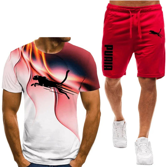 Two piece animal pattern printed men's suit summer casual daily men's short sleeved T-shirt outdoor street men's sports shorts