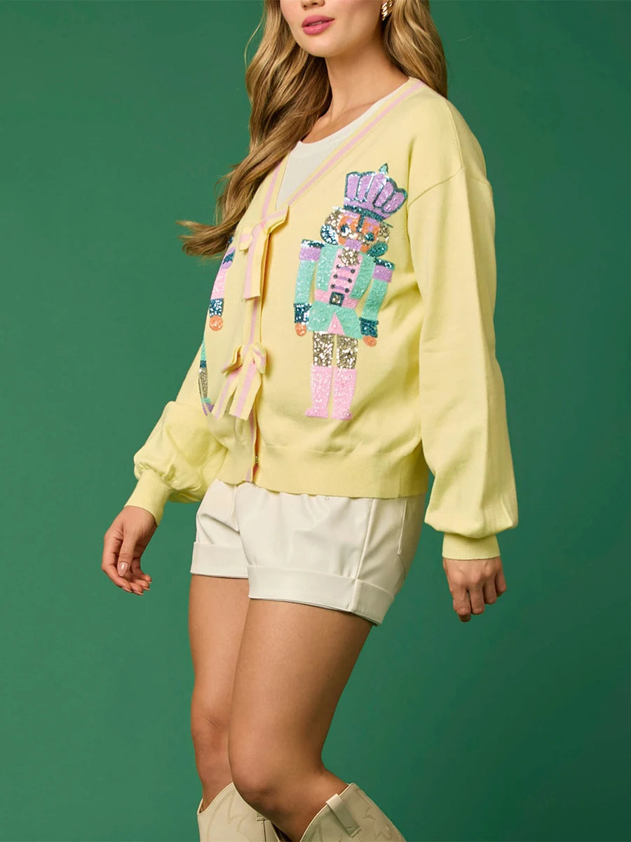 Women s Festive Print Long Sleeve Button Down Knit Cardigan Sweater with Sequin Detail and V Neckline