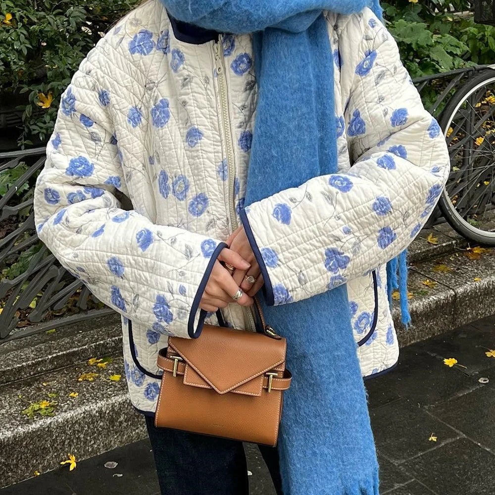 Floral Print Pocket Cardigan Quilted Jacket Elegant High Street Outerwear