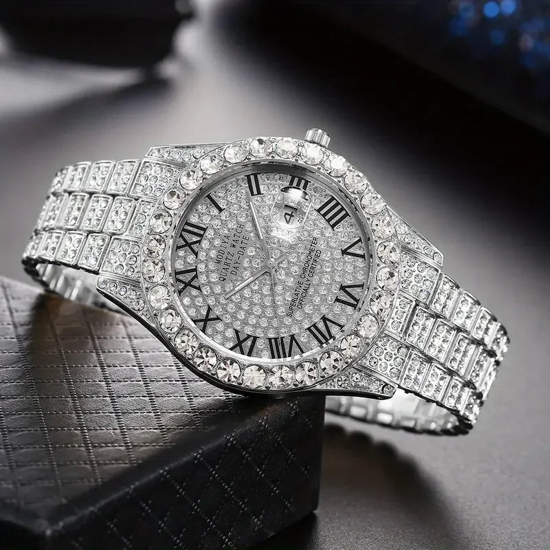 3pcs Necklace+Bracelet+Watch Cuban Chain Watch for Men Hip Hop Miami Curb Iced Out Paved Rhinestone Rapper Cuban men Jewelry set