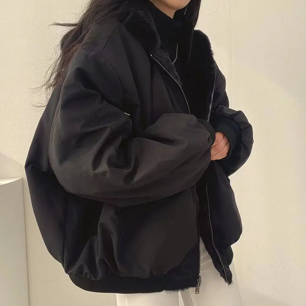 Casual Thicken Double Sided Jackets Coat Hooded Loose Zip Up Jackets Solid Simple Niche Versatile Coat