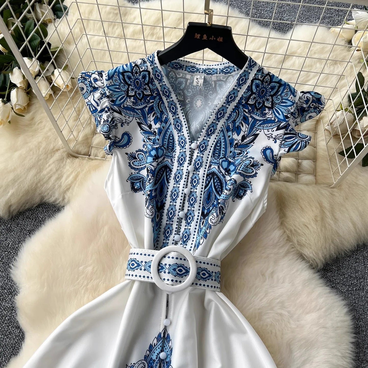 Summer Women Clothing Runway Fashion Paisley Print Flying Sleeve V-Neck Single Breasted Belted Vintage Party Long