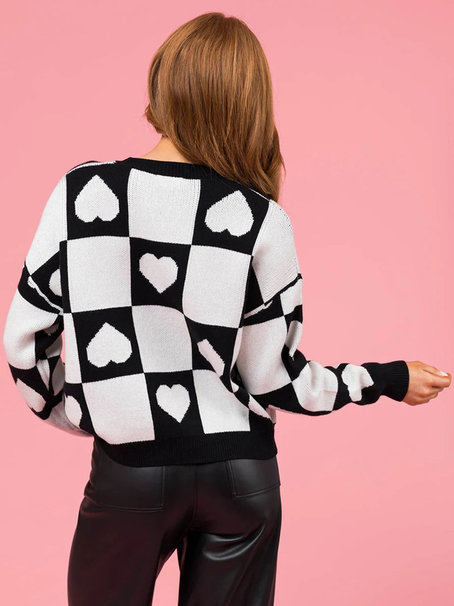 Women Plaid Love Heart Sweater Round Neck Pullover Sweater Long Sleeve Knit Top Casual Urban Street Style Wear