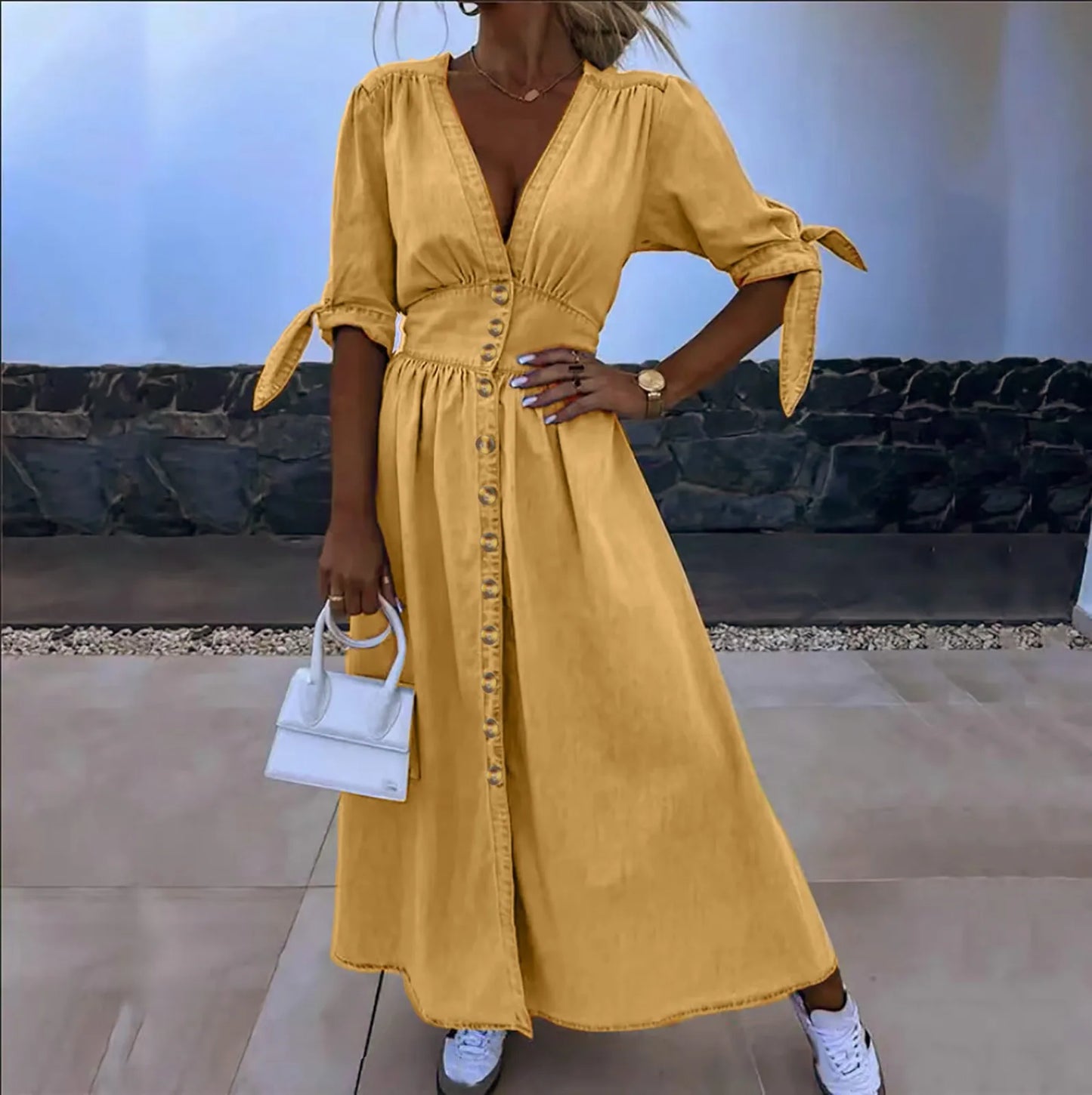 Spring Autumn Chic Bowknot Lace Up Short Sleeve Daily Beach Dresses Fashion Elegant Imitation Denim Shirt Dress for Women