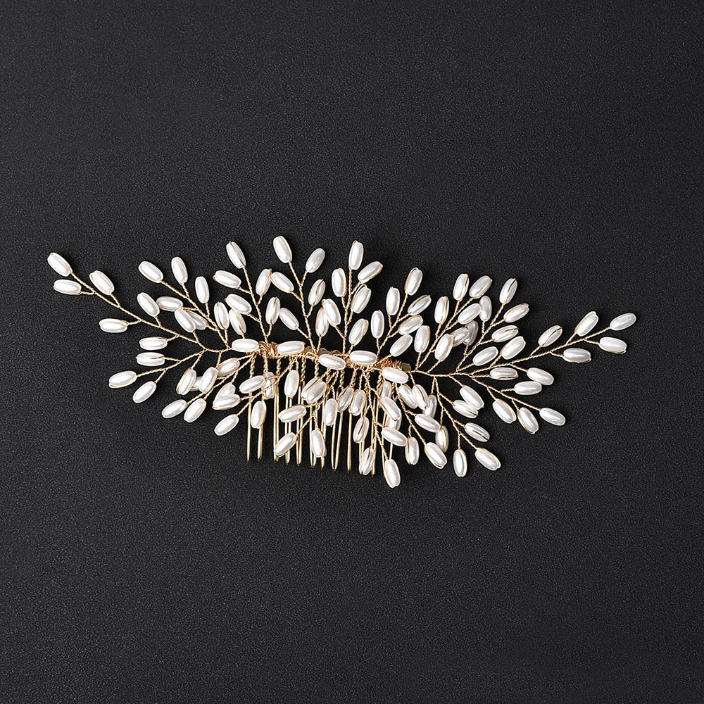 Crystal Pearl Hair Comb Clip Pin Alloy Leaf Hair Comb Handmade Headband For Women Bride Wedding Hair Accessories Jewelry