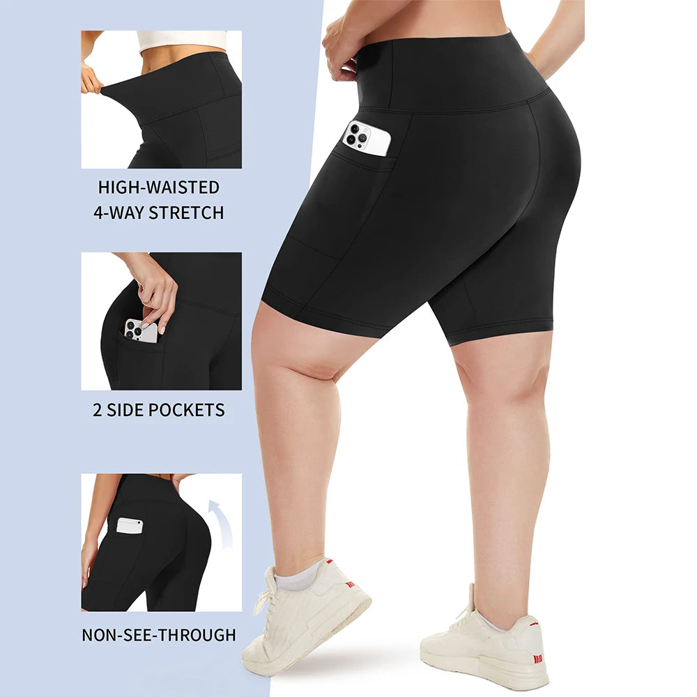Plus-size 3 Pack High Waisted Workout Shorts  Yoga Biker Shorts Two Side Pockets