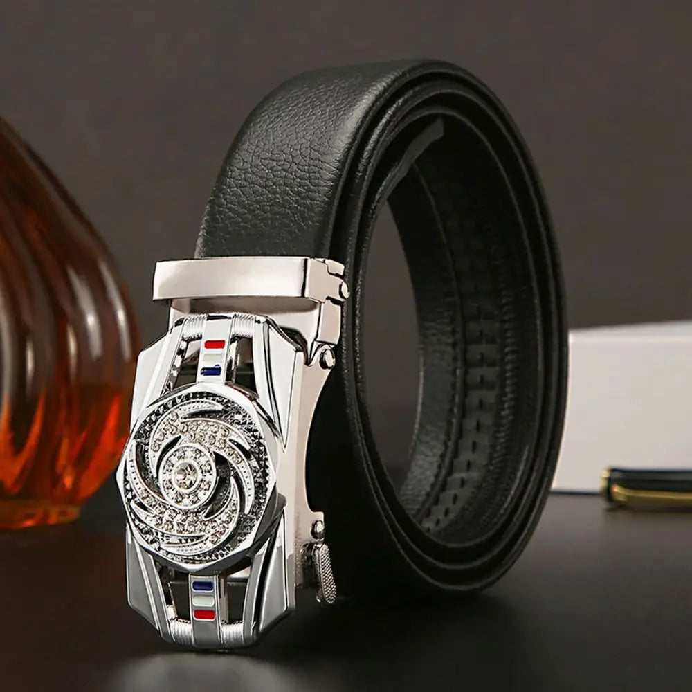 Business Time To Run Belt  Automatic Buckle Leather Belt Silver Waist Buckle Males Luxury Belt Rhinestone Decoration