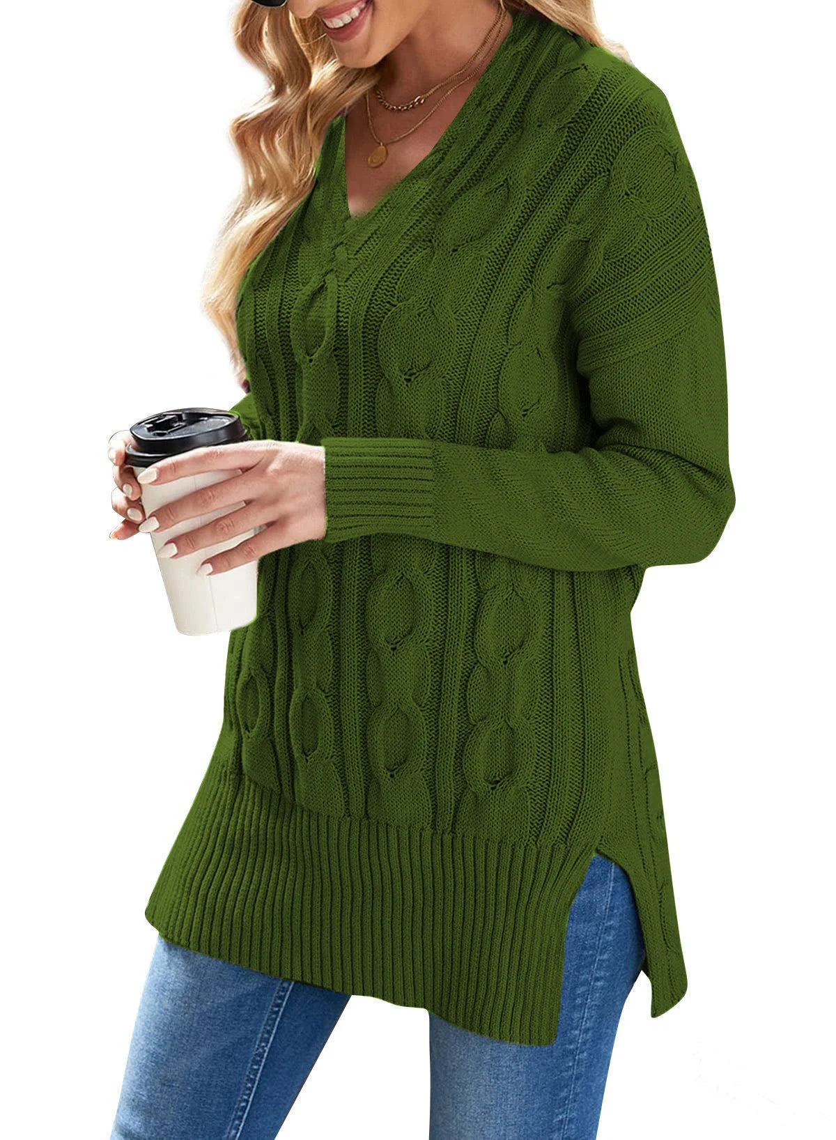 Plus Size Cable Knitted Pullover Sweater, Casual V Neck Long-Sleeved Slit Sweater
