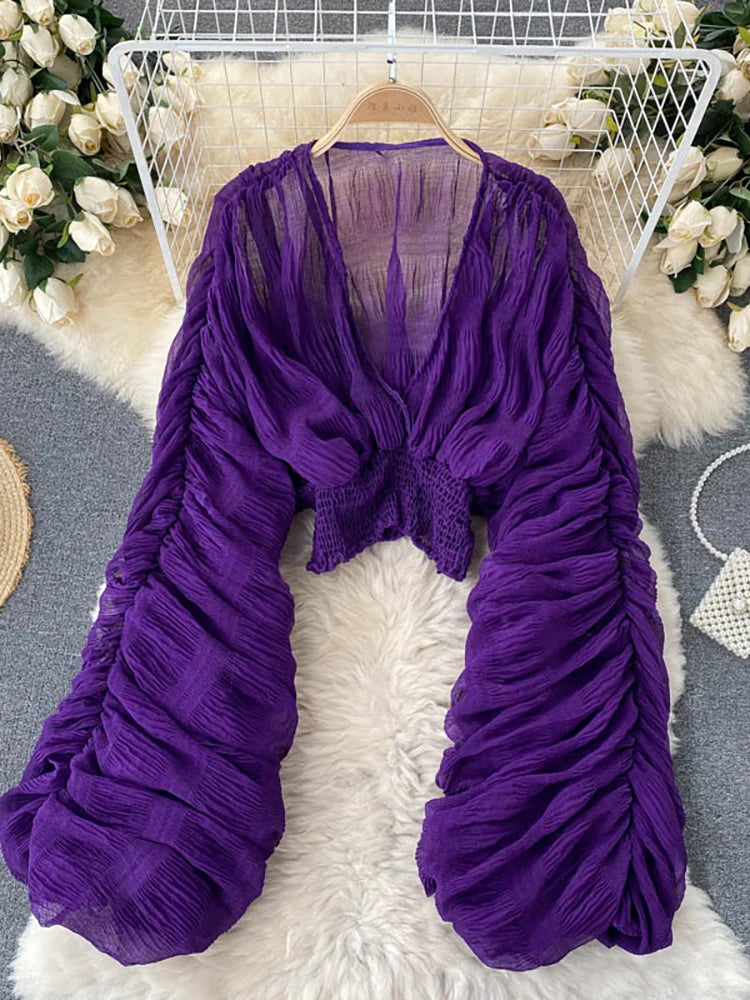 Summer Sexy Draped Chiffon Blouse For Women Elegant V-Neck Puff Long Sleeve Short Tops