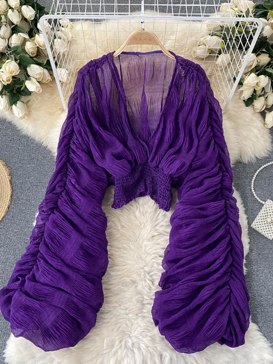 Summer Sexy Draped Chiffon Blouse For Women Elegant V-Neck Puff Long Sleeve Short Tops