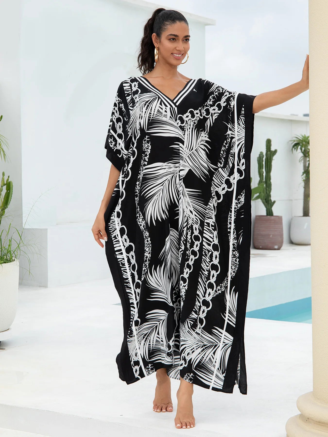 Leaf and Chain Print Women  Loose Fitting Long Robe Beach Vacation V-neck Sunscreen Clothing Kaftan