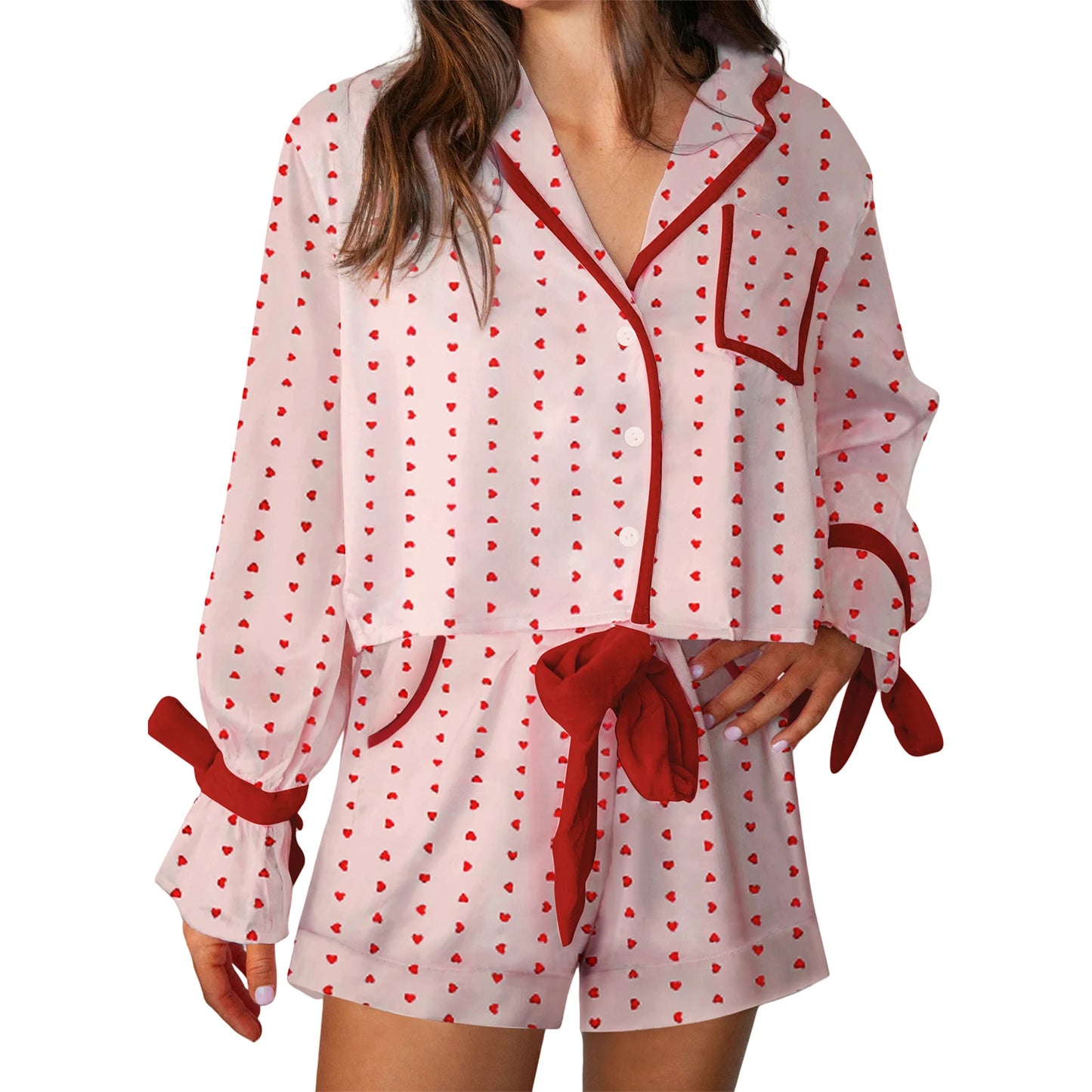 Valentine s Day  Pajama Set with Heart Print Long Sleeve Shirt and Drawstring Shorts  Sleepwear Comfort