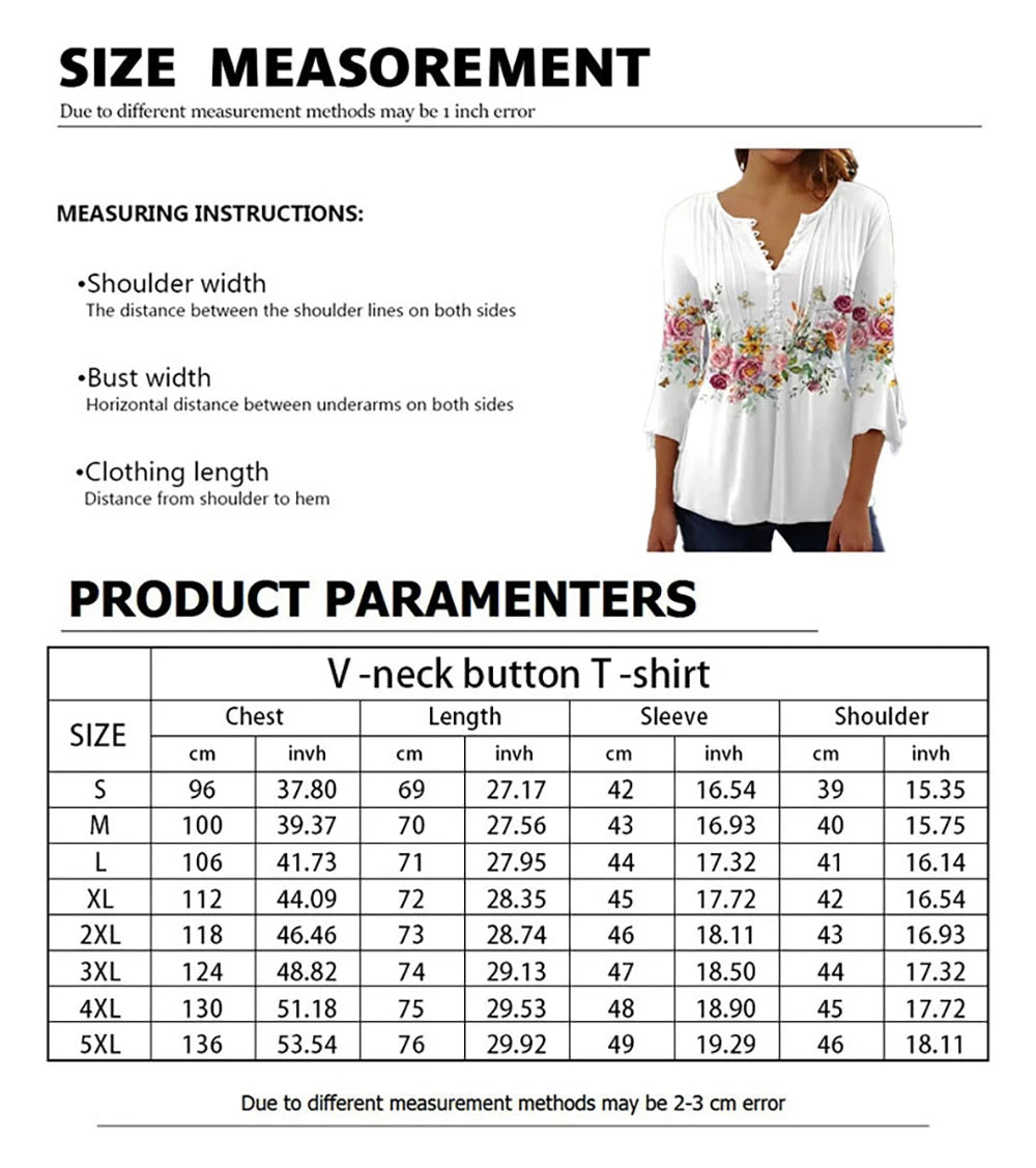 Women's V-Neck Short Sleeve Summer Button T-Shirt Street Trend Flower Geometric Print Women's Loose Casual V-Neck