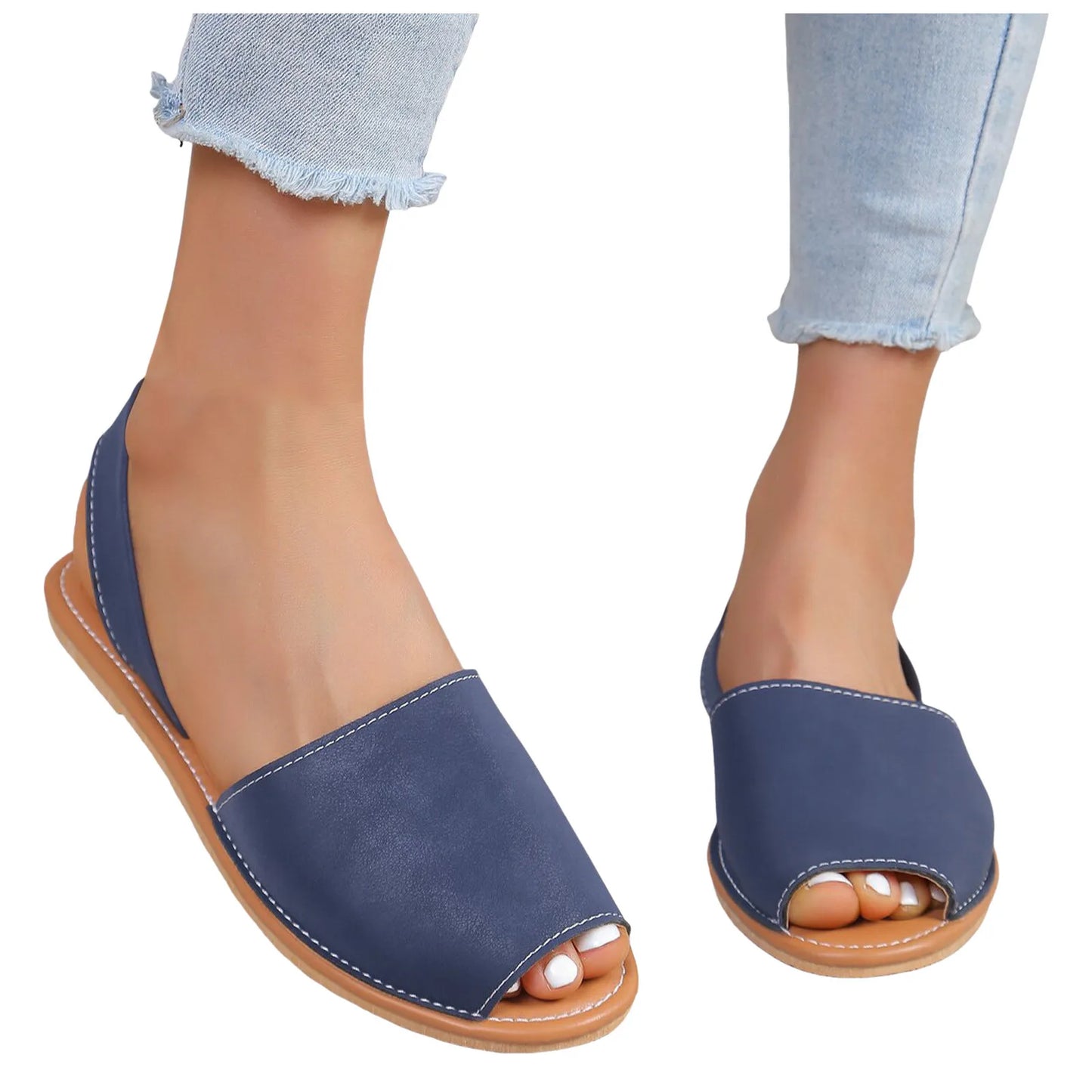 Ladies Casual Solid Color Outer Wear Flat Bottom Fish Mouth Footwear Soft Leather Large Size Sandals for Women Flat Wedge