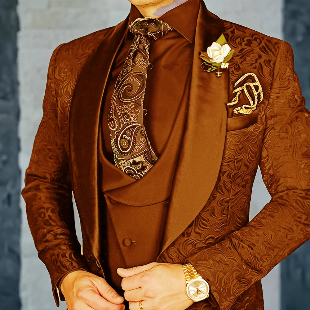 Jacquard Men's 3-piece Suit Set Formal Party Dress Groom's Tuxedo High Quality Elegant Men's Customized Outfit
