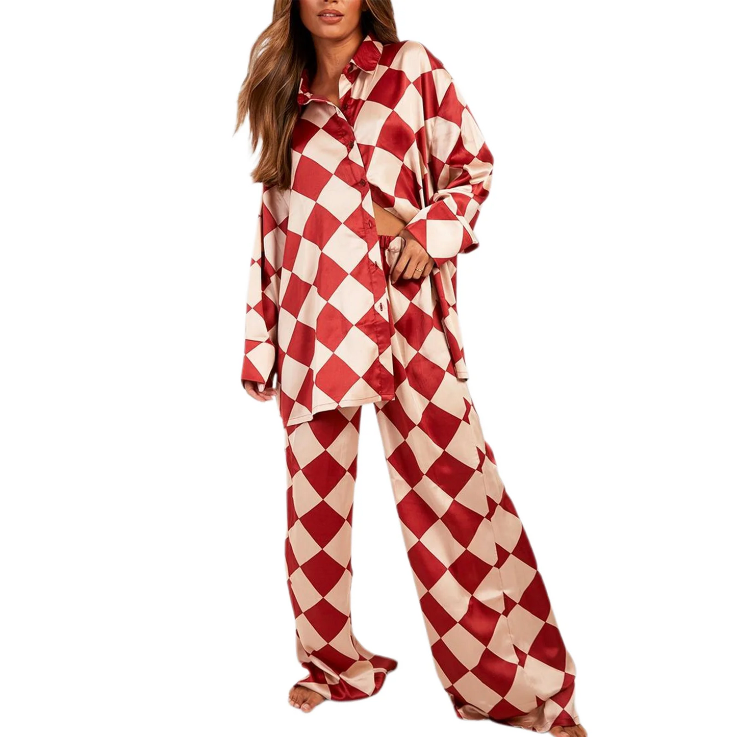 Checkered Print Loungewear Set Short Sleeve V-Neck Button Up Tops Cropped Pants Cozy Sleepwear Ensemble