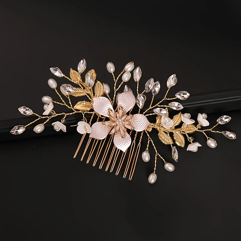 Crystal Flower Leaf Pearl Hair Comb Pin Band Headband For Women  Party Wedding Bridal Hair Accessories Jewelry