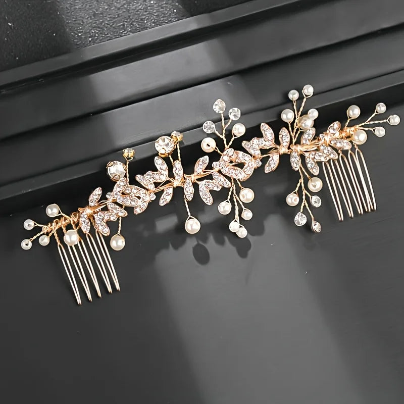 Gold Color Crystal Pearl Hair Comb Headband For Women Bride Party Bridal Wedding Hair Accessories Jewelry Comb Headband