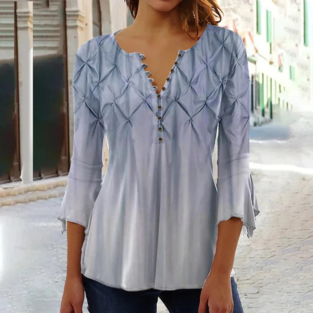 Women's V-Neck Short Sleeve Summer Button T-Shirt Street Trend Flower Geometric Print Women's Loose Casual V-Neck