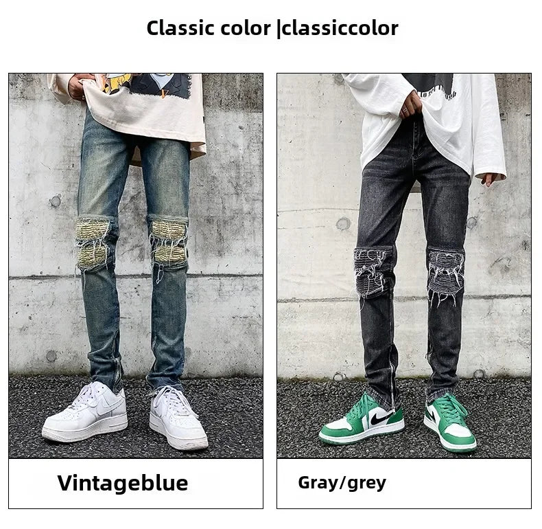 American Vibe style high street tide side zipper straight jeans men's and women's European and American hip hop slim-fitting trousers